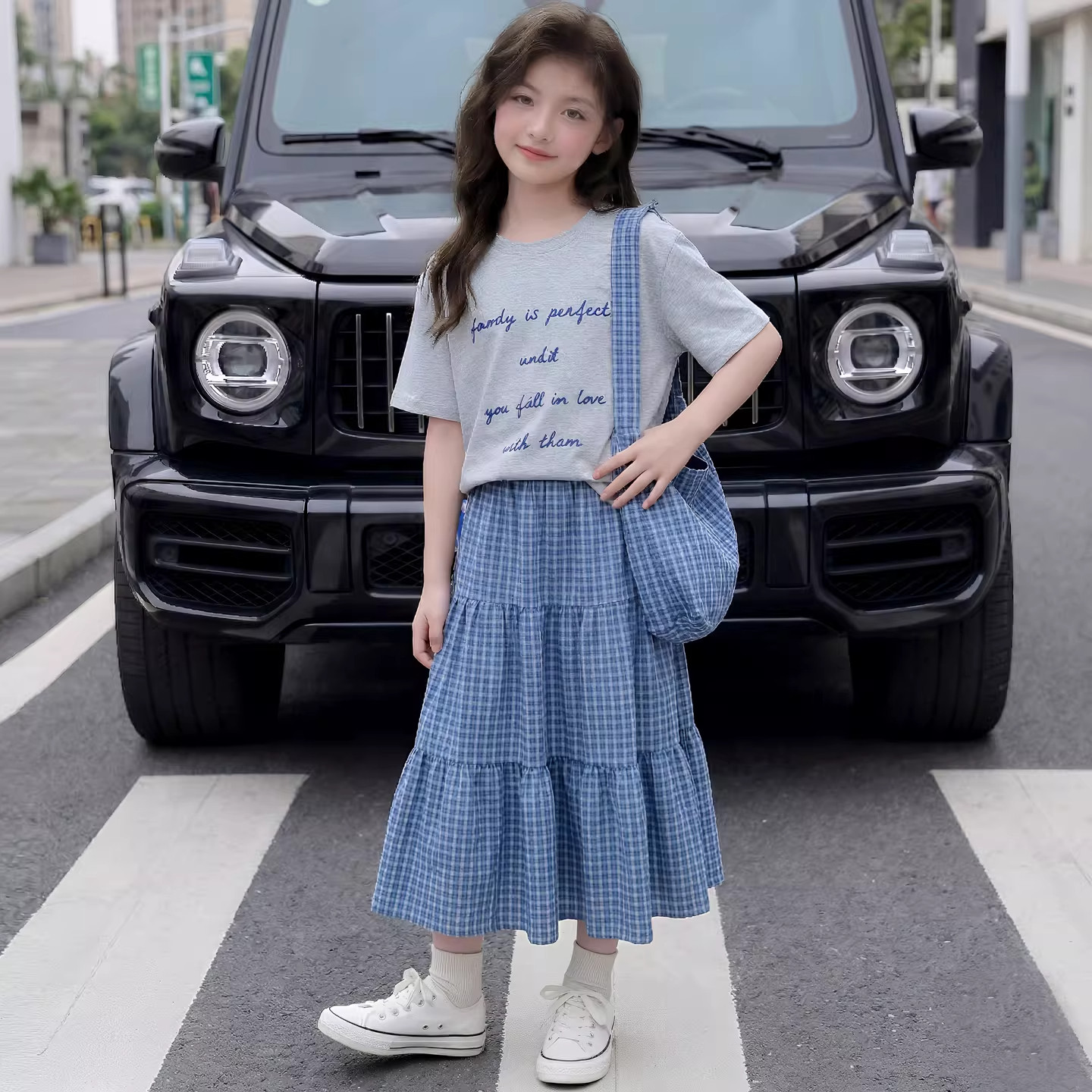 DWDZ女童格子长裙套装2026夏季新款短袖半身裙女大童T恤裙子儿童