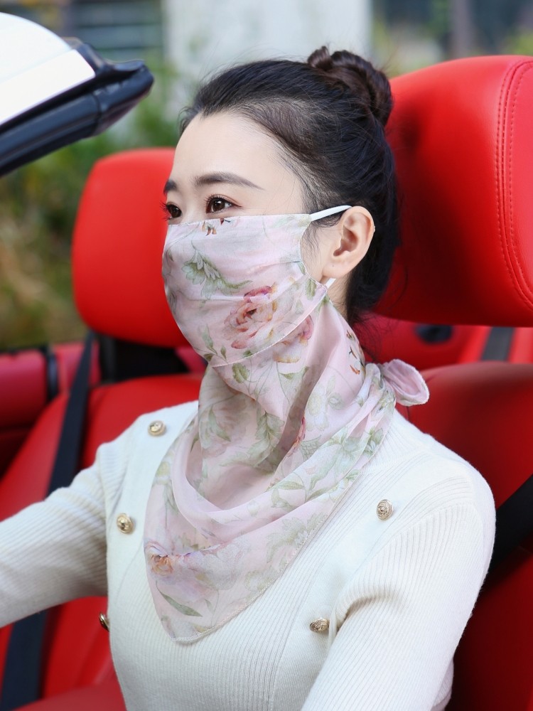 100%桑蚕丝防晒面纱真丝口罩护颈一体夏季面罩薄款遮脸围巾披肩女