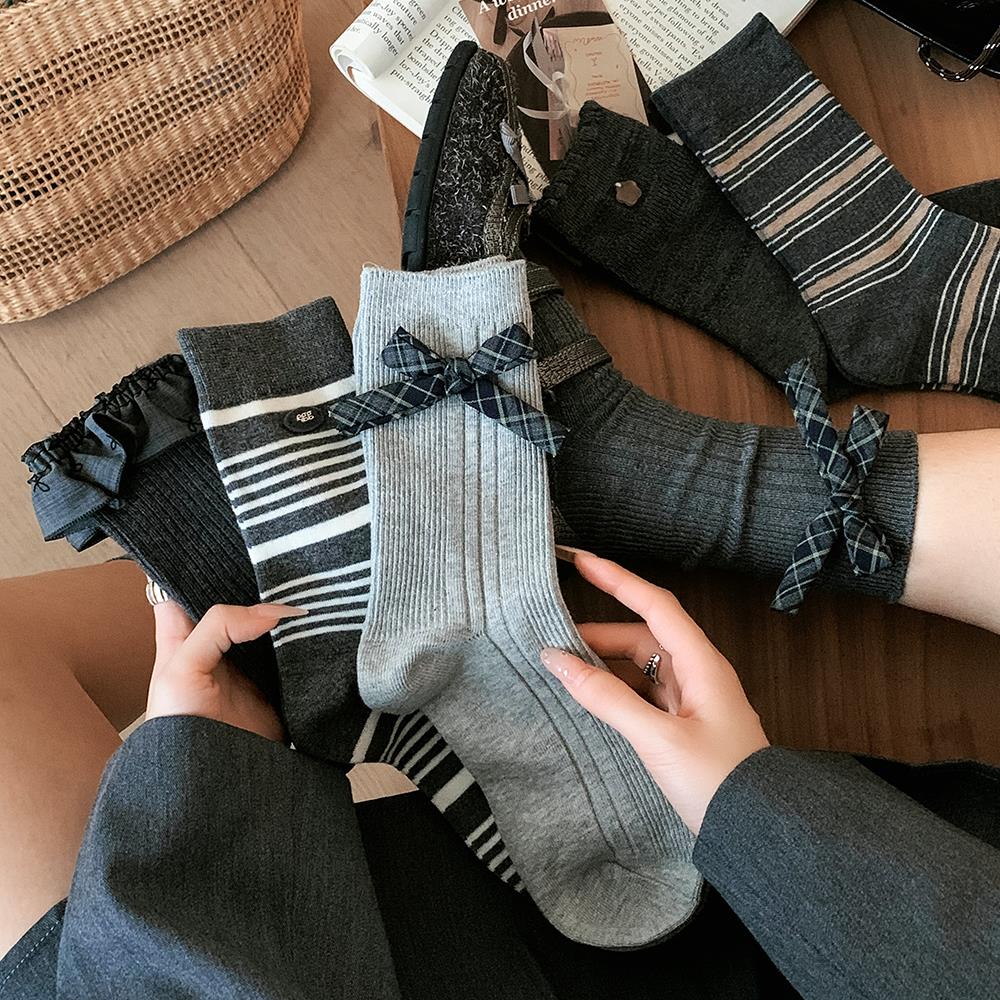 条纹蝴蝶结袜子女中筒袜春秋季款棉袜韩国日系ins潮小皮鞋长筒袜