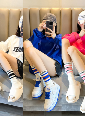 袜子女中筒袜外穿潮100%纯棉春秋季条纹运动小腿长袜街头配鲨鱼裤