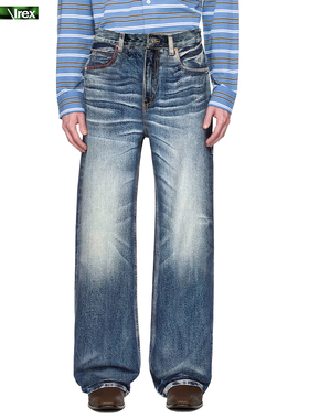 【反围剿牛王】1of1手缝针中度毛羽蓝猫须洗水宽松牛仔裤微喇长裤