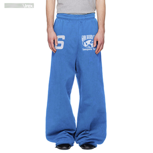 植绒印花弯刀阔腿慵懒百搭长裤 美式 休闲裤 高品质蓝色刺绣卫裤