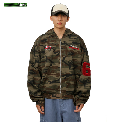 美式复古重磅印花连帽卫衣外套