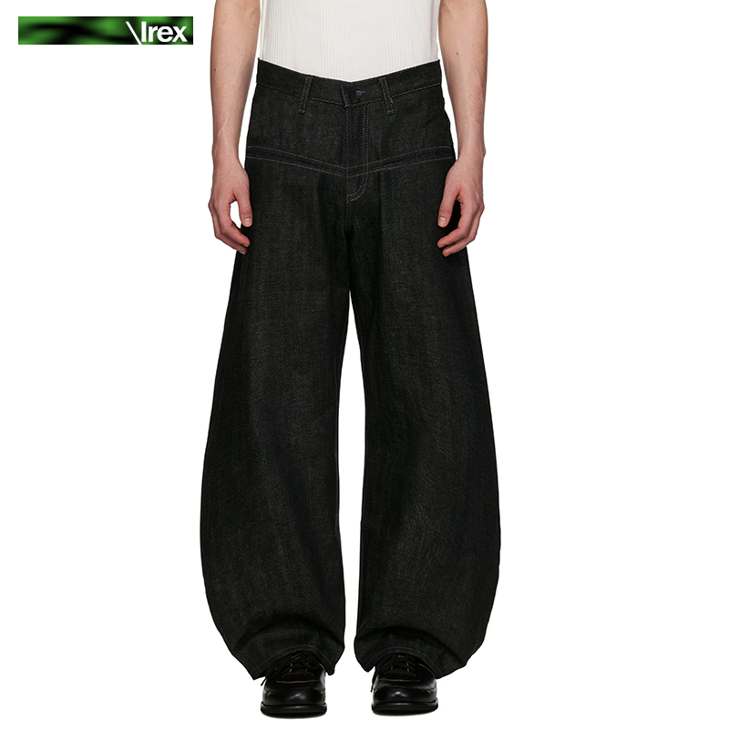 黄缝线工字褶香蕉裤弯刀牛仔裤