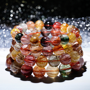 弘利彩发晶手链天然水晶碧玺蓝海宝阿鲁沙超七情侣饰品情侣南红