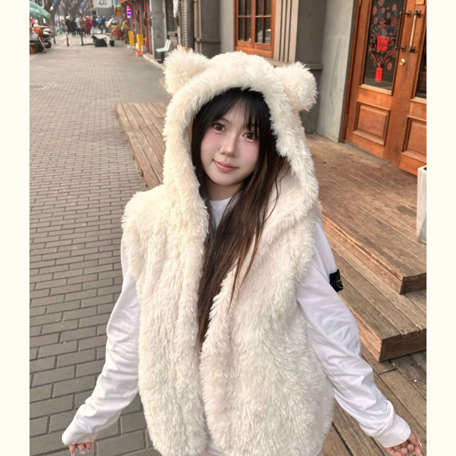 跨境可爱小熊耳朵马甲连帽外套女2025秋冬仿羊羔毛绒马夹坎肩