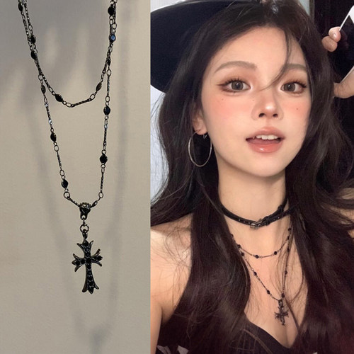 暗黑哥特风双层叠戴十字架项链女