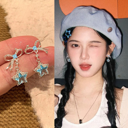 绝美蓝色星星蝴蝶结耳夹女清冷风