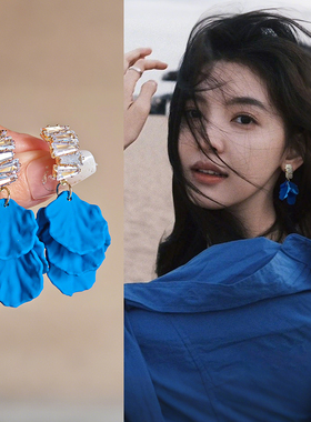 蓝色花瓣蚊香盘耳夹无耳洞女新款巨好看度假风耳环耳坠艺术生耳饰