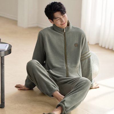 法兰绒睡衣男士秋冬季新款加厚珊瑚绒2025新款拉链家居服套装加厚