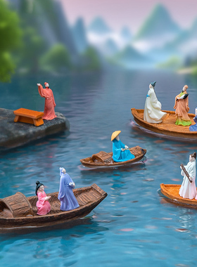 古风树脂游玩人物小船微景观摆件