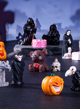 微景观万圣节狼人死神南瓜小鸟摆件蛋糕迷你树脂乌鸦小熊木乃伊