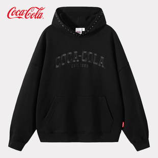 男女同款 Coca Cola 可口可樂 復(fù)古落肩連帽衛(wèi)衣 燙鉆Logo刺繡美式