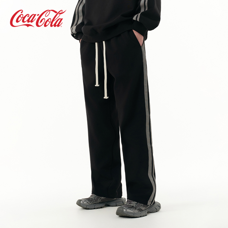 Coca－Cola/可口可乐条纹织带休闲直筒宽松针织运动裤 男女同款