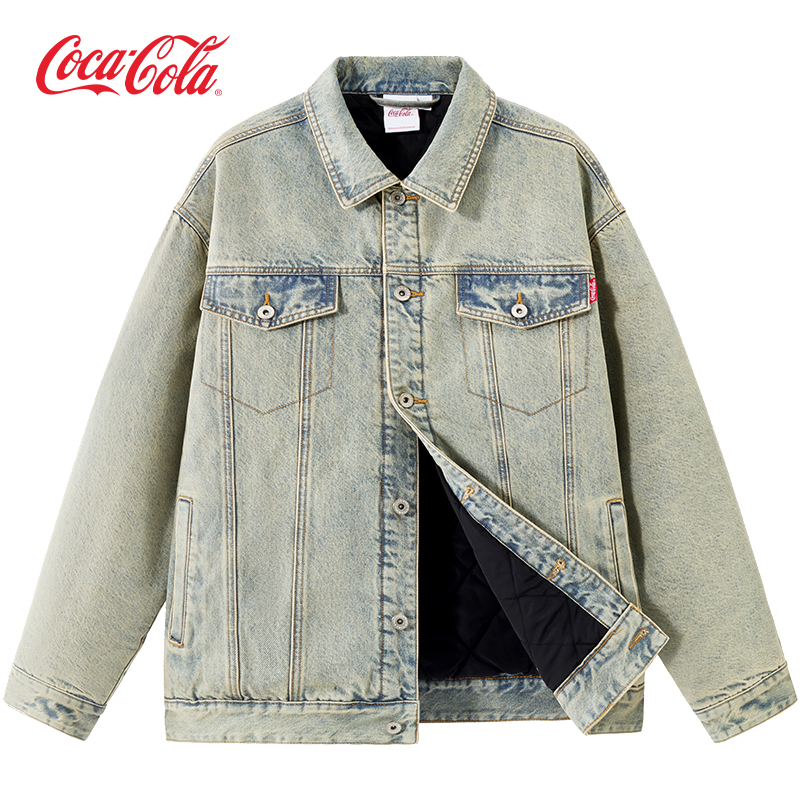 Coca-Cola可口可乐 复古做旧水洗美式高街保暖休闲牛仔棉服男女