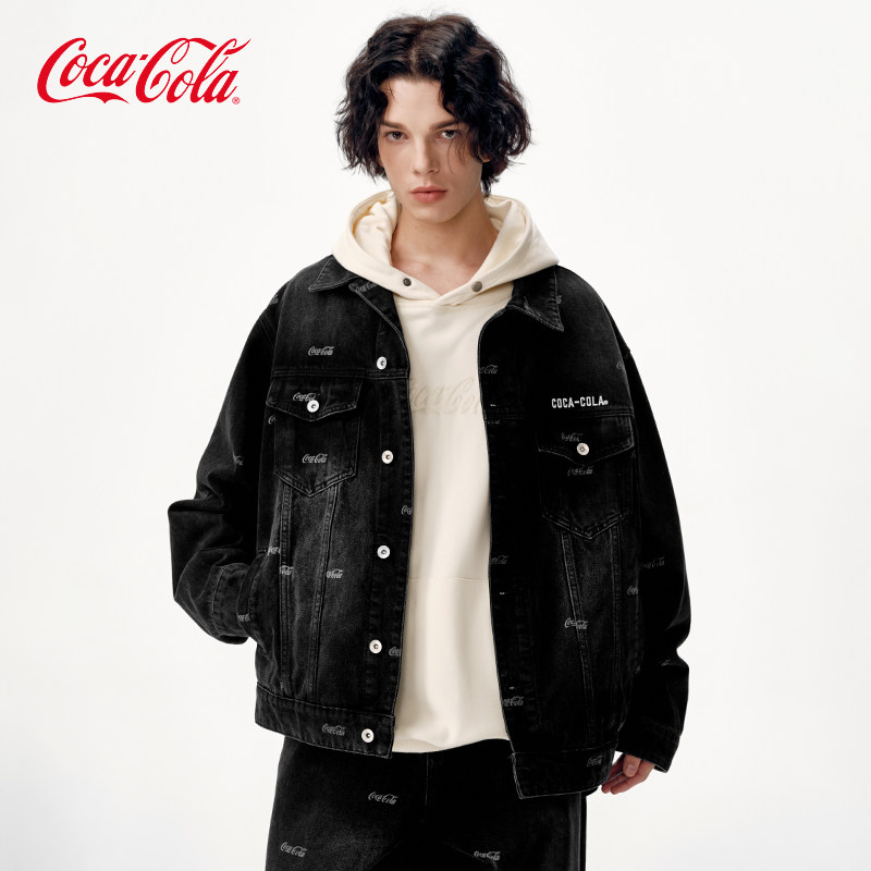 Coca-Cola/可口可乐 满印字母刺绣打褶水洗做旧休闲牛仔外