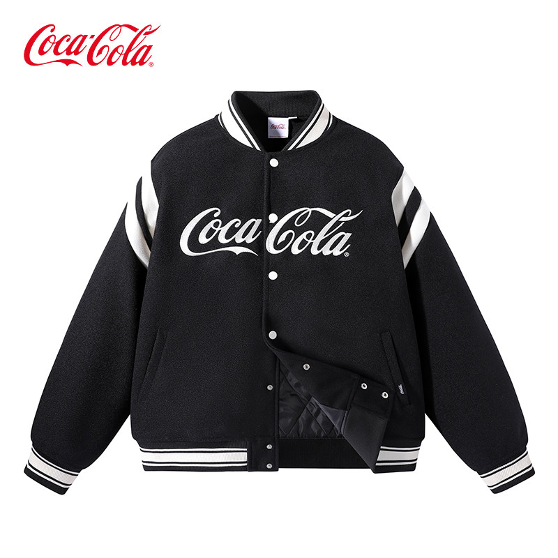 Coca-Cola/可口可乐 棒球服男女条纹拼接秋冬情侣款夹克外套棉服