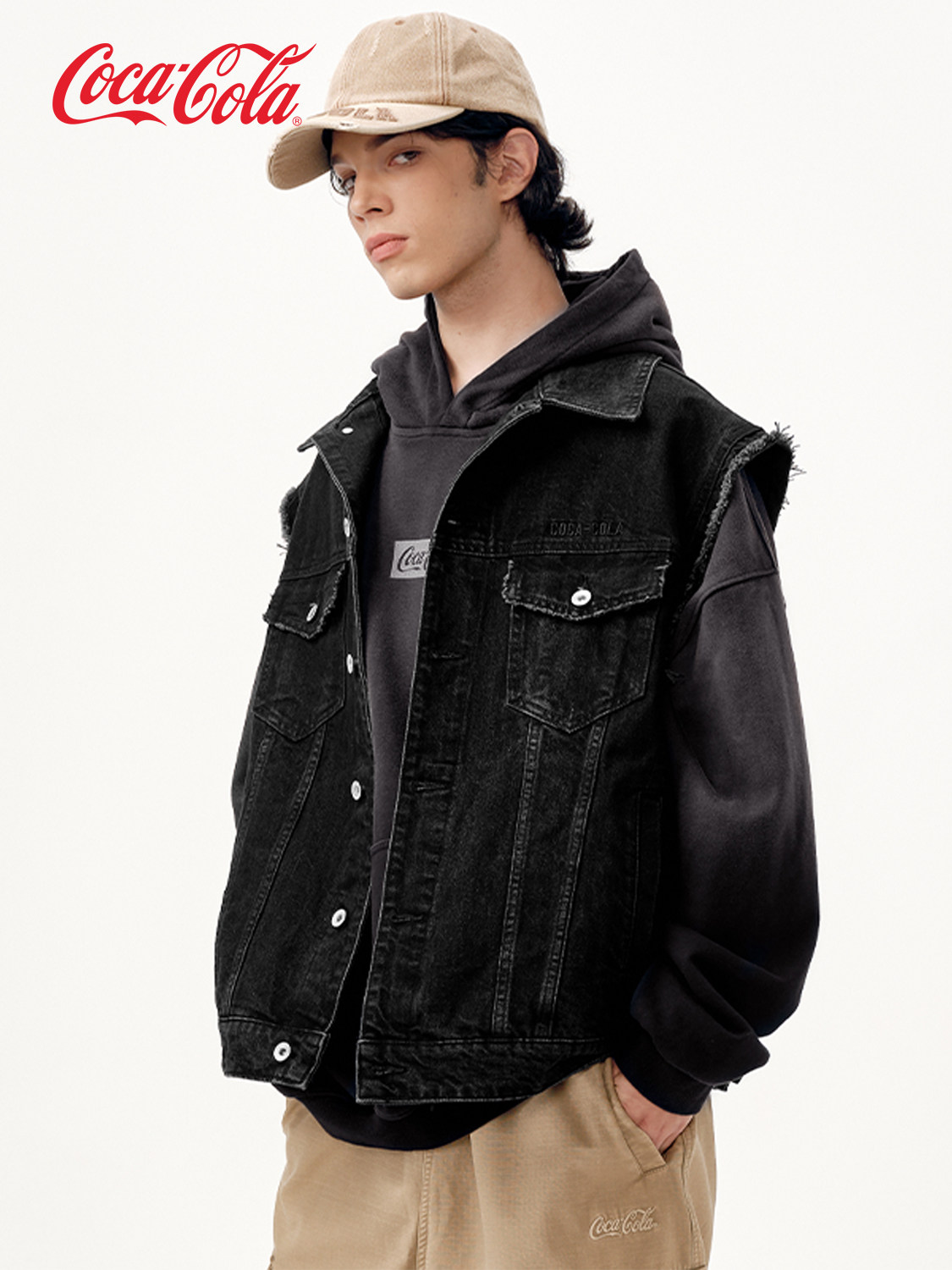 COCA-COLA DENIM VEST MENS SPRING AND AUTUMN EMBROIDERY DISTRESSED DENIM SLEEVELESS JACKET WOMENS