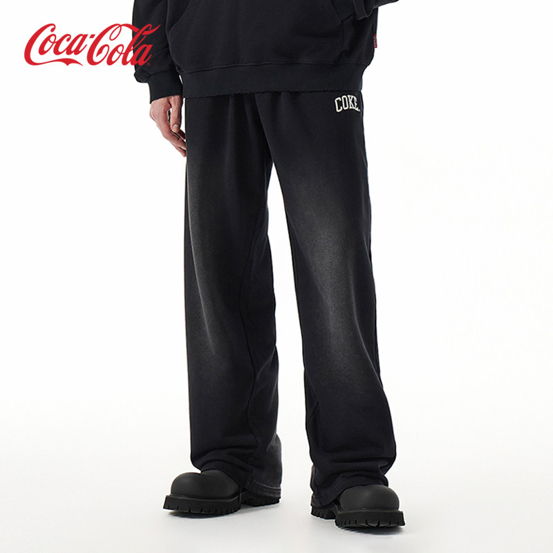 Coca－Cola/可口可乐休闲裤男夏季做旧刺绣直筒宽松垂感拖地