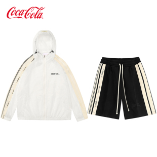 情侣套装 Coca 条纹拼接透气防晒衣休闲运动短裤 可口可乐 Cola