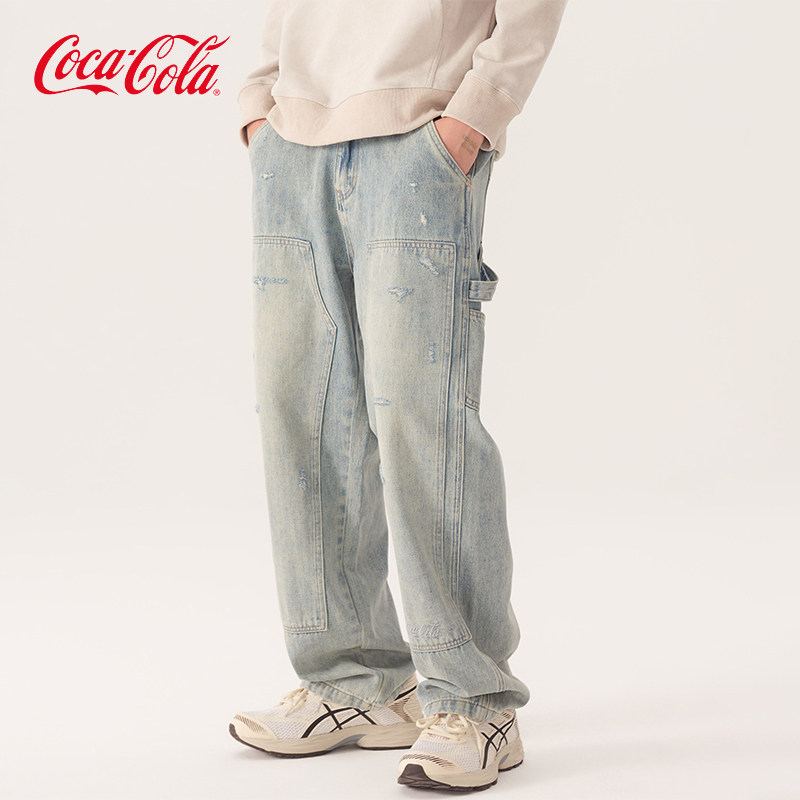 Coca-Cola可口可乐 破洞做旧水洗刺绣伐木裤休闲直筒工装牛仔裤,男装,牛仔裤,淘宝优惠券,粉丝福利购,淘宝优惠卷