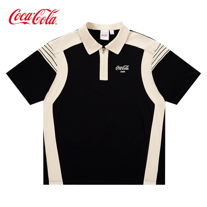 Coca-Cola/可口可乐 美式复古短袖POLO衫男条纹拼接撞色情侣t恤
