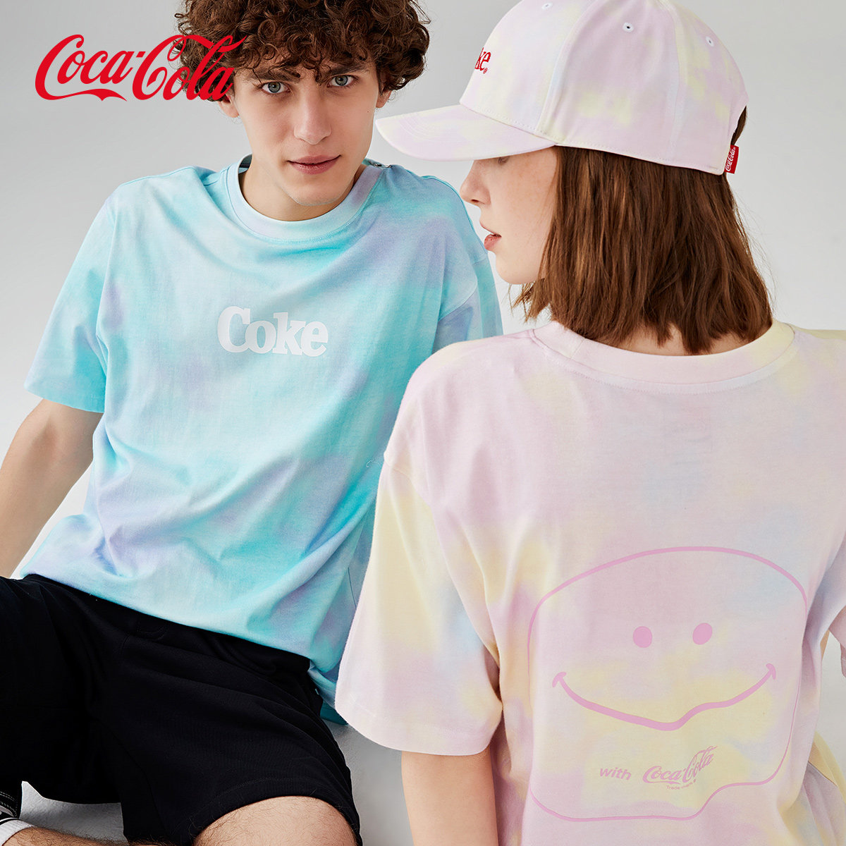 Coca-Cola/可口可乐圆领短袖T恤男潮流扎染印花宽松上衣情侣装