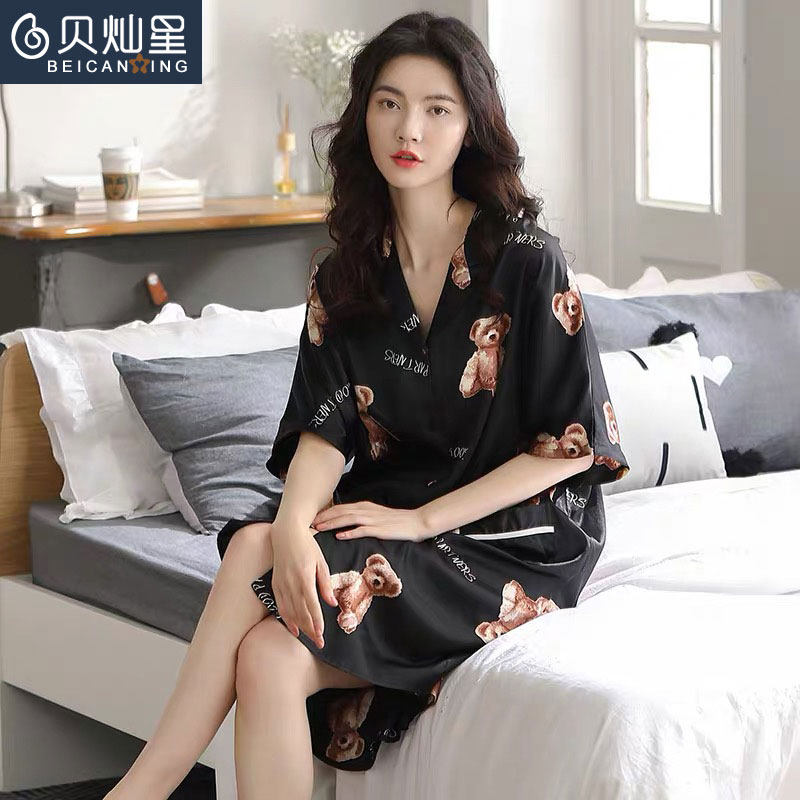 3睡衣女夏季冰丝睡裙新款开衫五分袖时尚宽松薄款新品套装