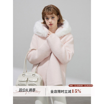 WPsense粉色冬季加厚短款呢子大衣女夹棉连帽毛呢短外套可拆毛领