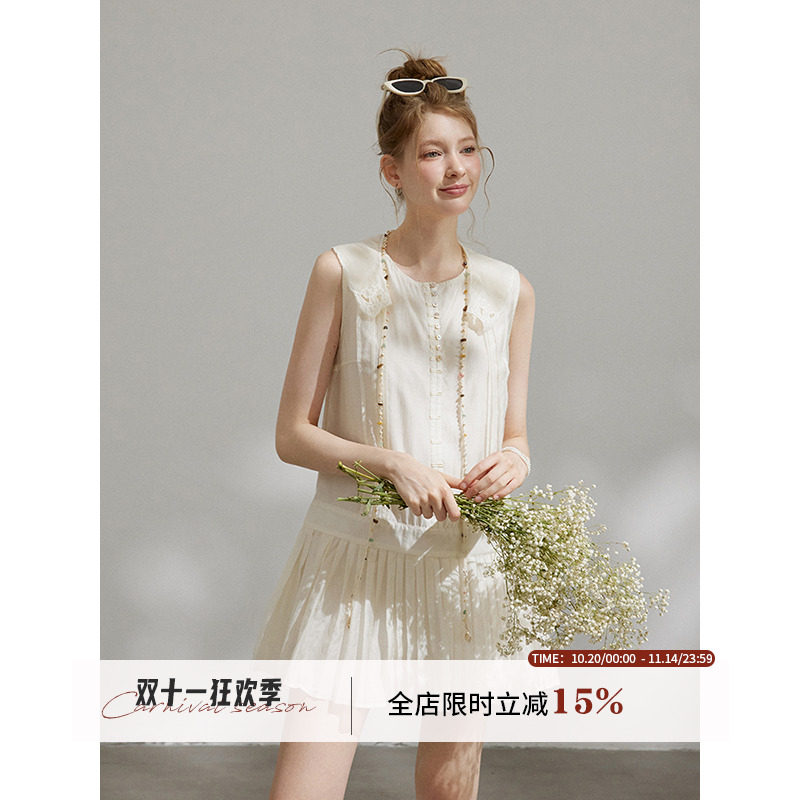 WPsense原创贝壳挂饰无袖圆领褶间连衣裙女夏季度假风背心短裙子