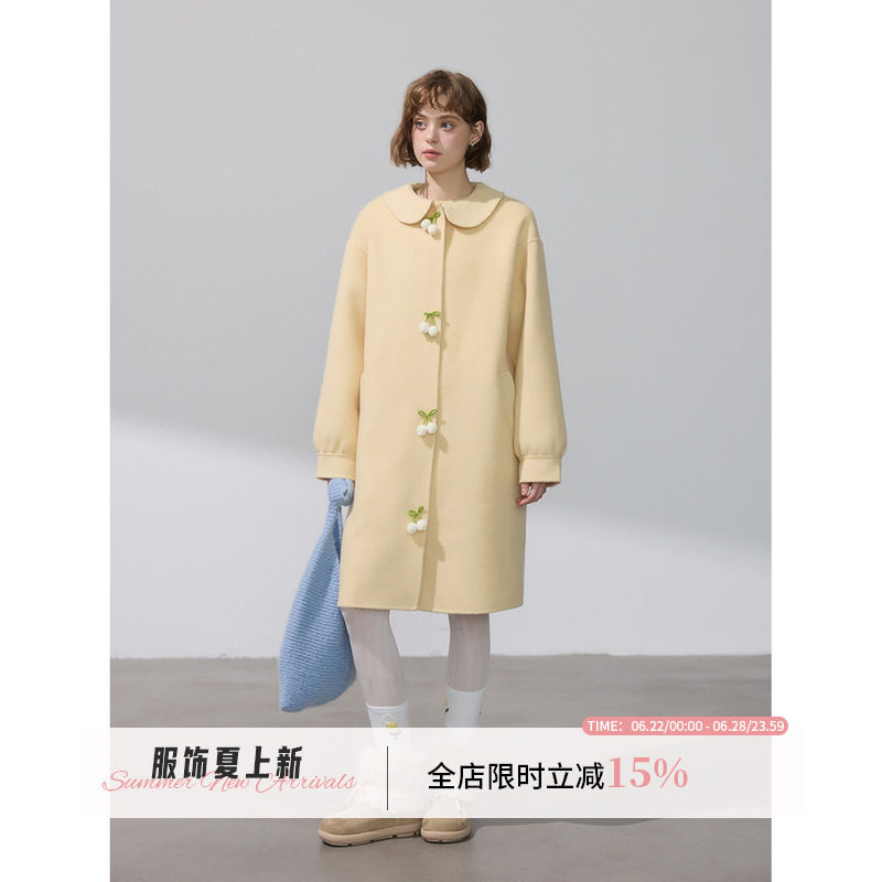 WPsense设计感娃娃领黄色双面呢子大衣女中长款廓形冬季毛呢外套