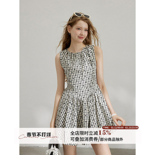 WPsense原创碎花黑白格纹无袖蓬蓬连衣裙女夏季收腰显瘦背心短裙