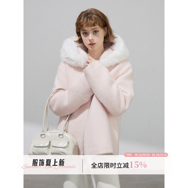 WPsense粉色冬季加厚短款呢子大衣女夹棉连帽毛呢短外套可拆毛领