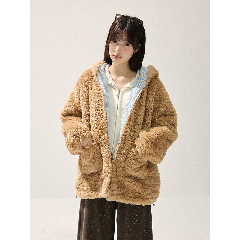 WPsense【12月06日新品】蓝格纹拼接泰迪毛外套