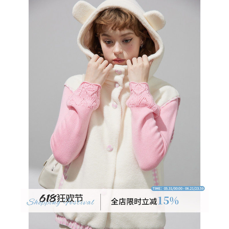 WPsense小熊耳朵连帽外套背心坎肩女秋冬季拼接马甲仿羊羔毛马夹