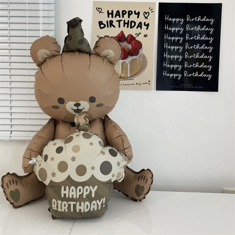 网红小熊气球棕色铝膜气球生日少女布置儿童宝宝美拉德色系装饰