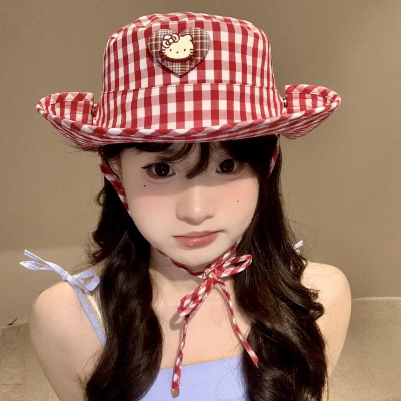 helloKitty红格子爱心渔夫帽防晒可爱甜妹夏日遮阳y2k登山帽