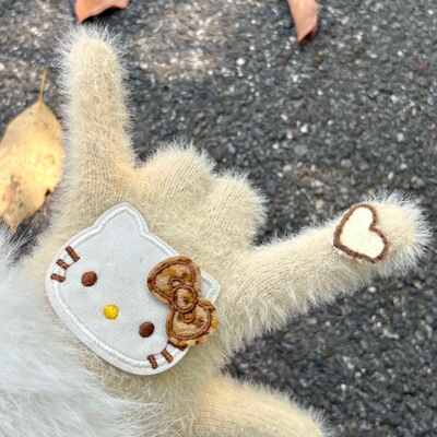 豹纹HelloKitty保暖耳罩手套美拉德kt猫冬季防寒防冻骑车户外学生