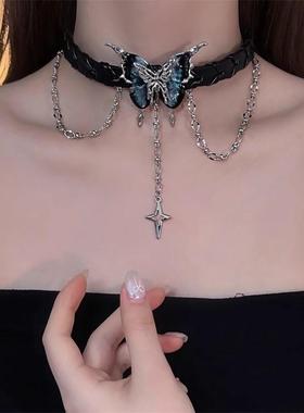 甜酷辣妹黑色蝴蝶流苏项圈女chocker脖子配饰项炼高级锁骨炼颈炼