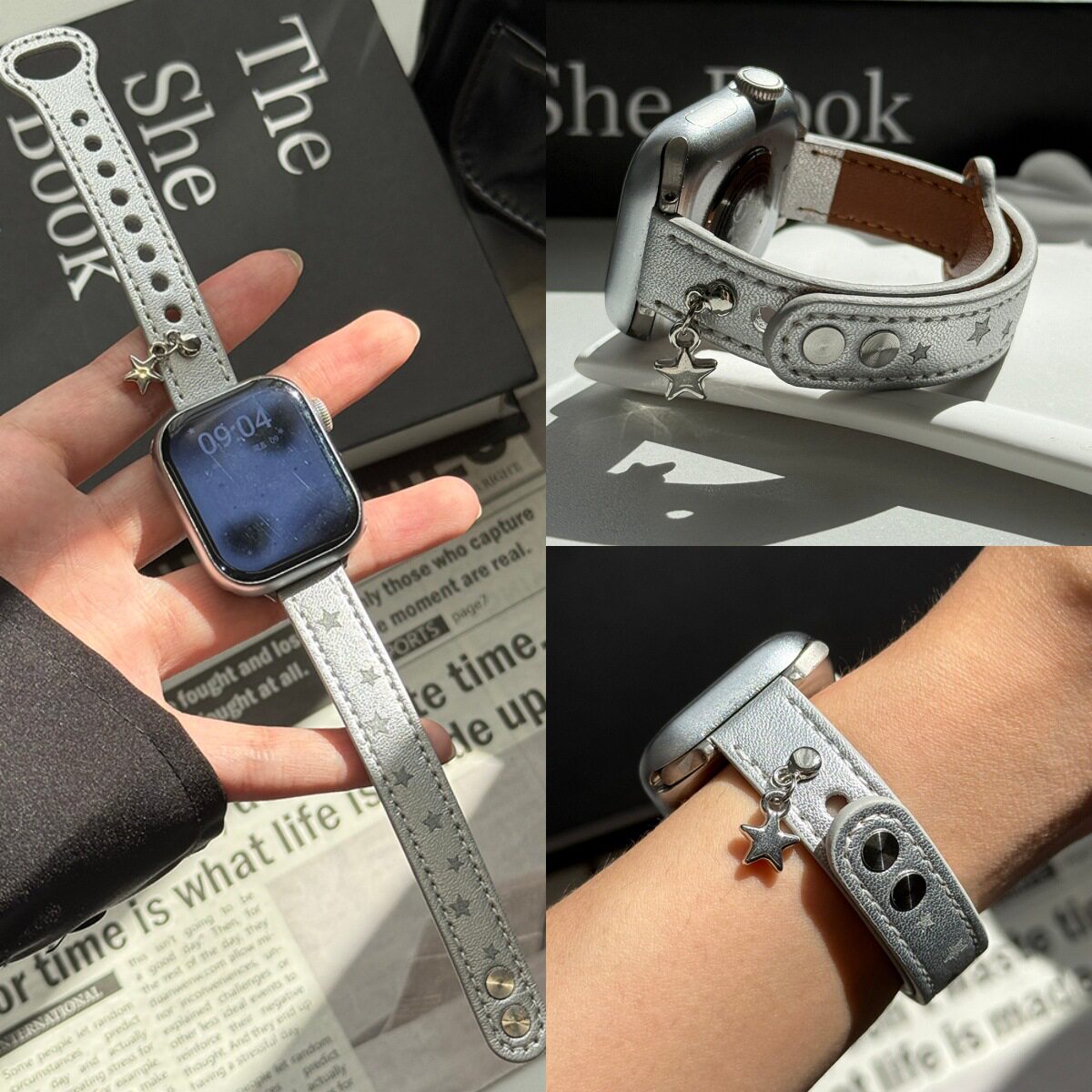 适用苹果手表iwatch12表带S11星星挂件S10皮质双钉小米10Pro红米6