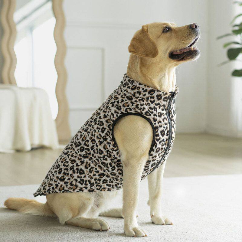 宠物杏色欧美印花布新款水浆狗狗豹纹开拉链外套腹部棉服