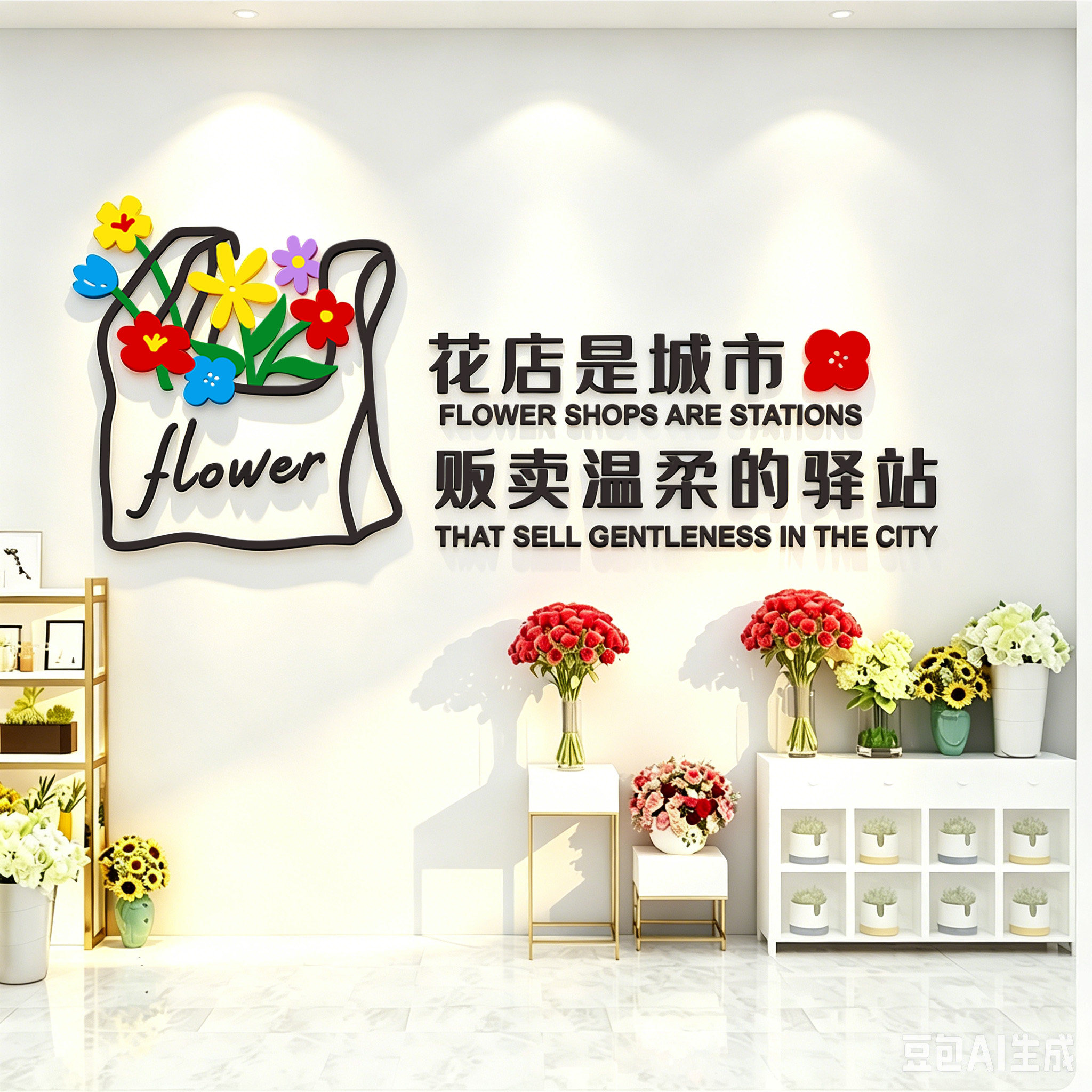 网红鲜花店打卡拍照墙贴治愈风格