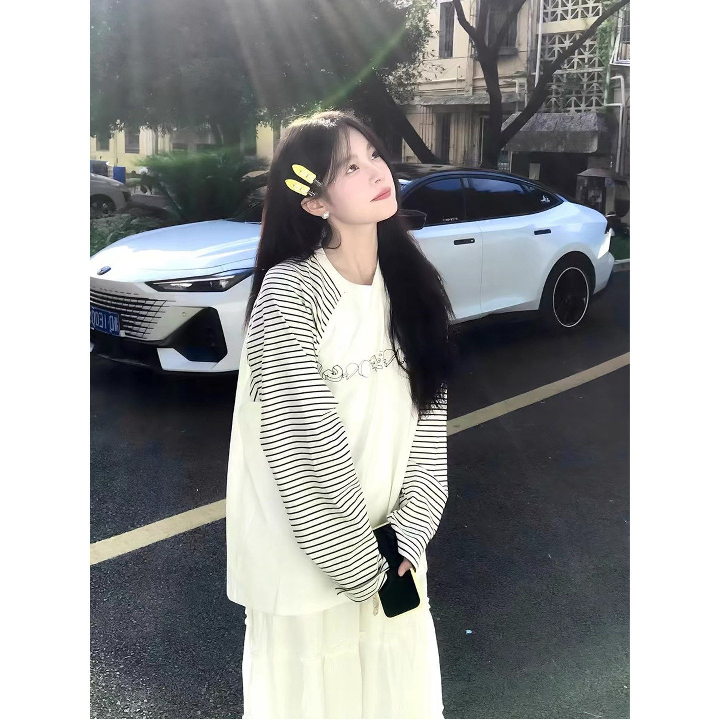 字母印花条纹长袖t恤女2026新爆款初中高中学生韩版宽松纯棉上衣