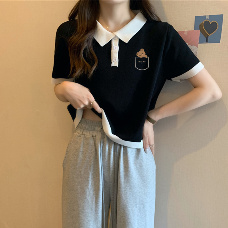 白色polo衫领短袖t恤女装夏季2025新款高级修身短款翻领半袖上衣