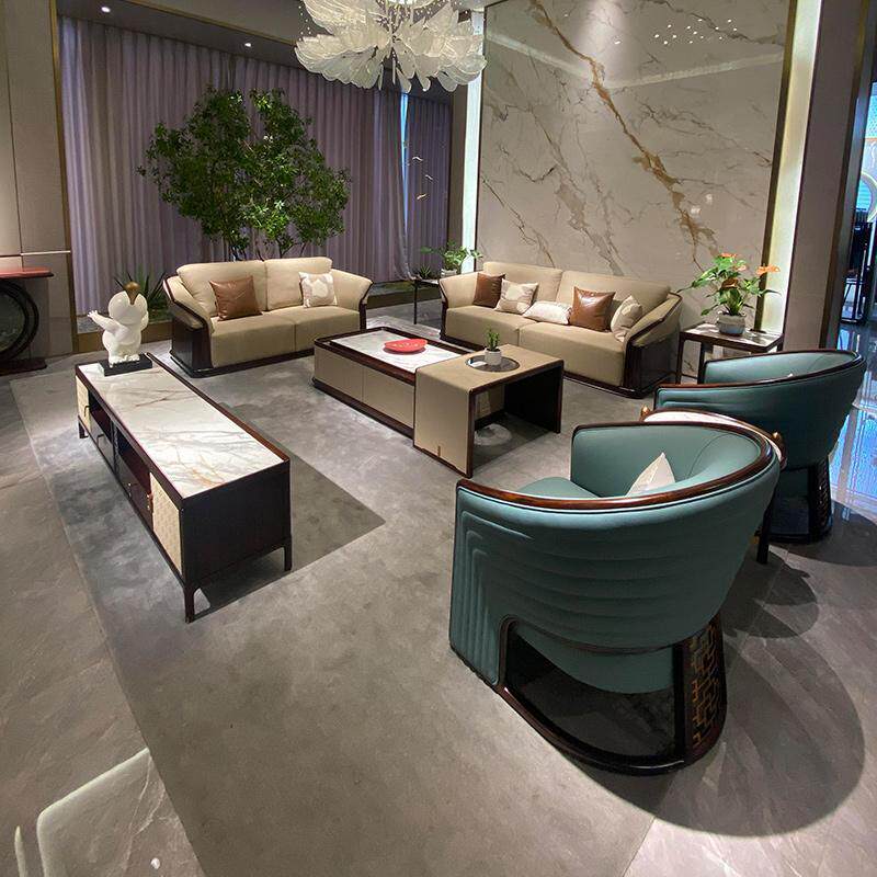 新中式胡桃木真皮沙发客厅2025新款办公室现代简约实木直排沙发椅