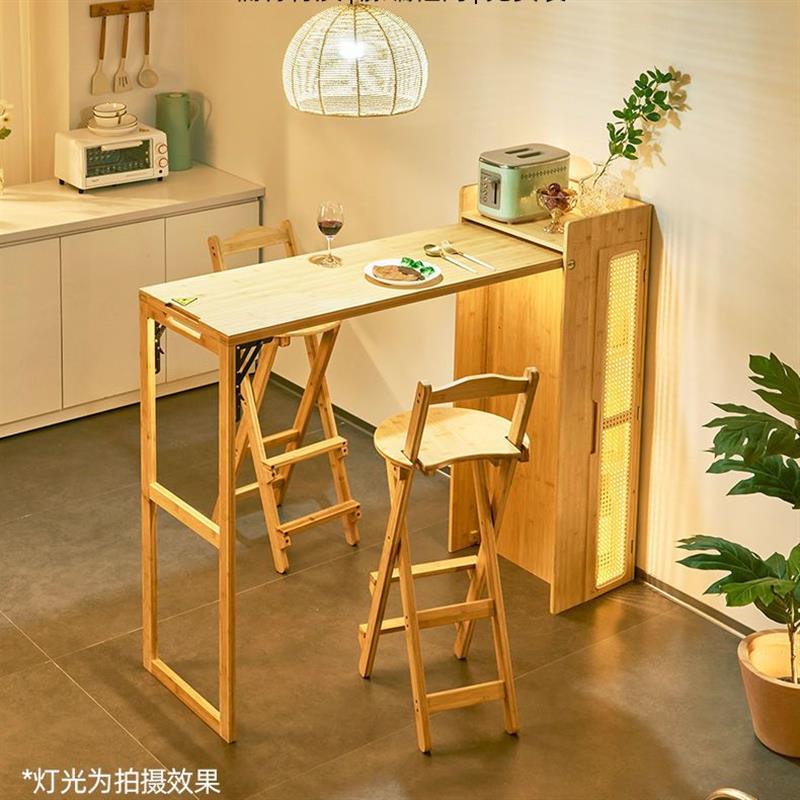 免安装日式小户型长方形餐桌现代简约折叠桌吧台桌高脚桌椅组合竹