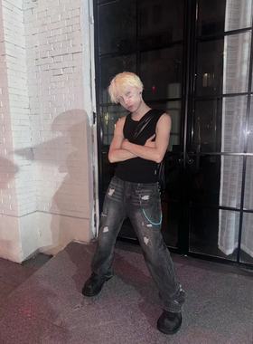 August rain 破洞牛仔裤宽松微喇裤复古水洗做旧直筒割破通勤慵懒