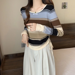 设计感小众绑带条纹针织打底衫女秋冬装新款复古百搭圆领拼色毛衣