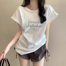 韩版简约休闲字母烫钻短袖T恤女2025年夏季新款宽松显瘦纯棉上衣