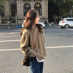 复古韩系爆款麻花毛衣女2023秋冬新款宽松慵懒风外穿套头针织上衣
